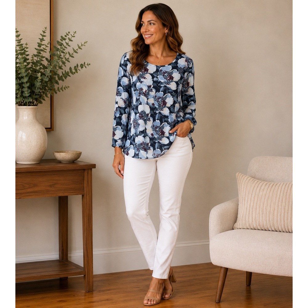 LOFT Blue Floral Long Sleeve Roll Tab Blouse Crew Neck Pocket Top Size XS